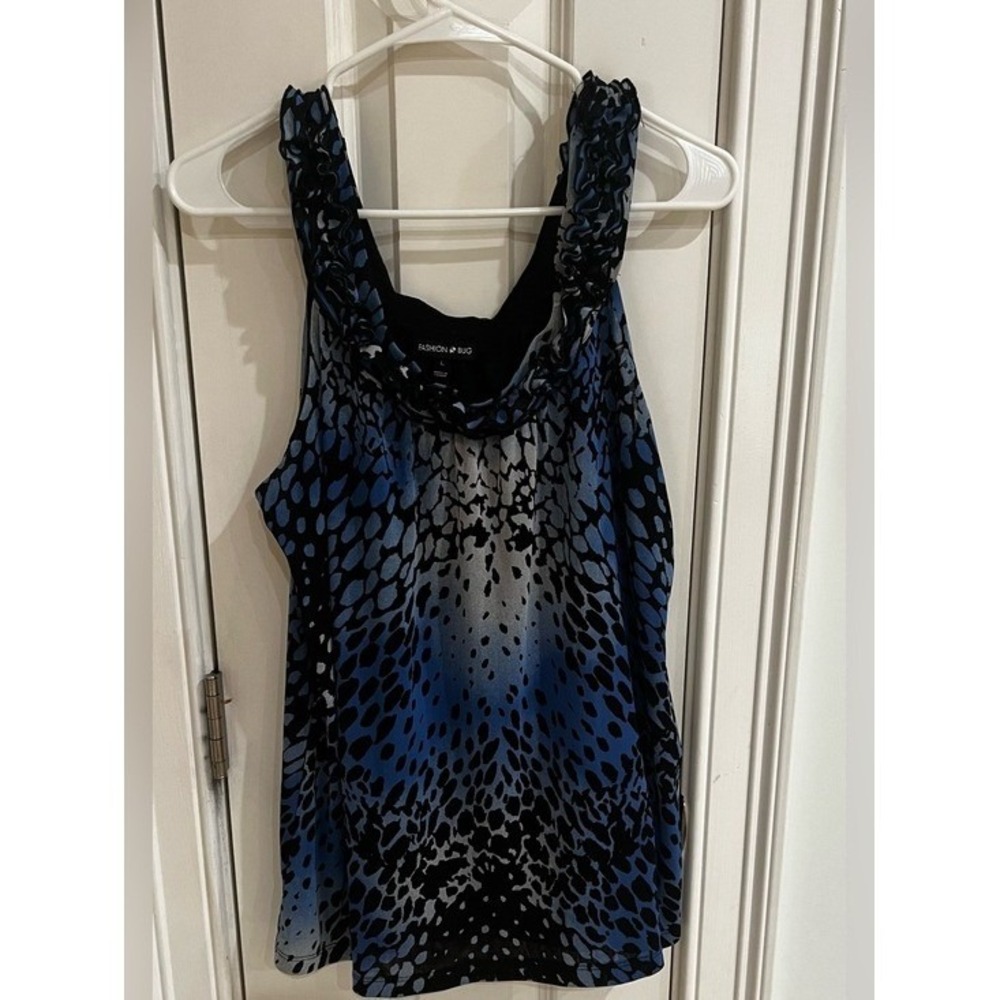 Fashion Bug Blue Black Animal Print Ruffle Neck‎ Sleeveless Mesh Top Large
